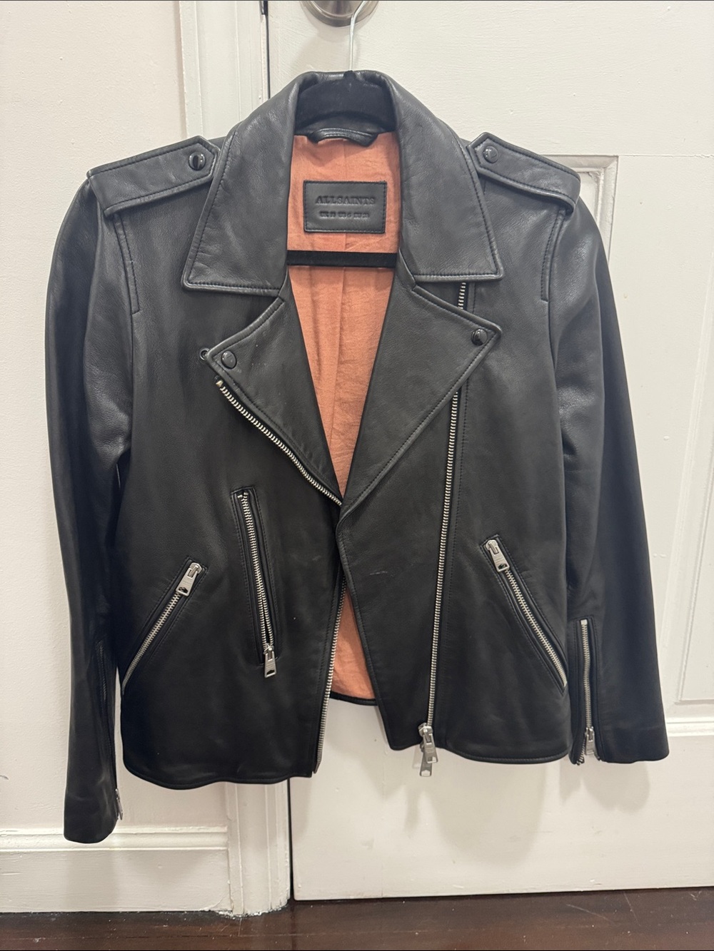 All Saints Black Leather Bomber with Rust Lining